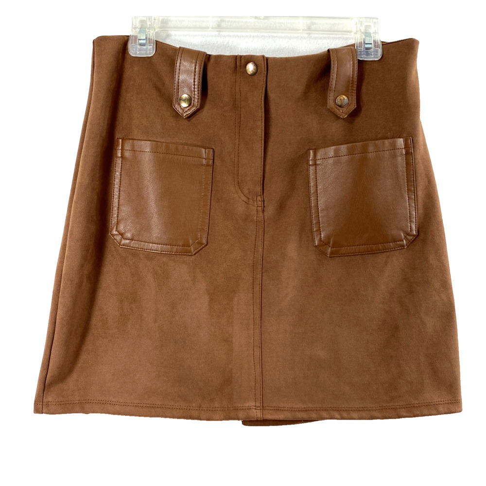Womens Faux Suede‎ Skirt Size Large Brown Faux Leather Pockets Aline